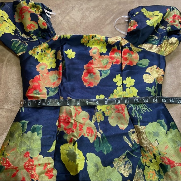 NWOT Lulus So Stunning Navy Blue Floral Jacquard Puff Sleeve Mini Dress - Picture 2 of 11